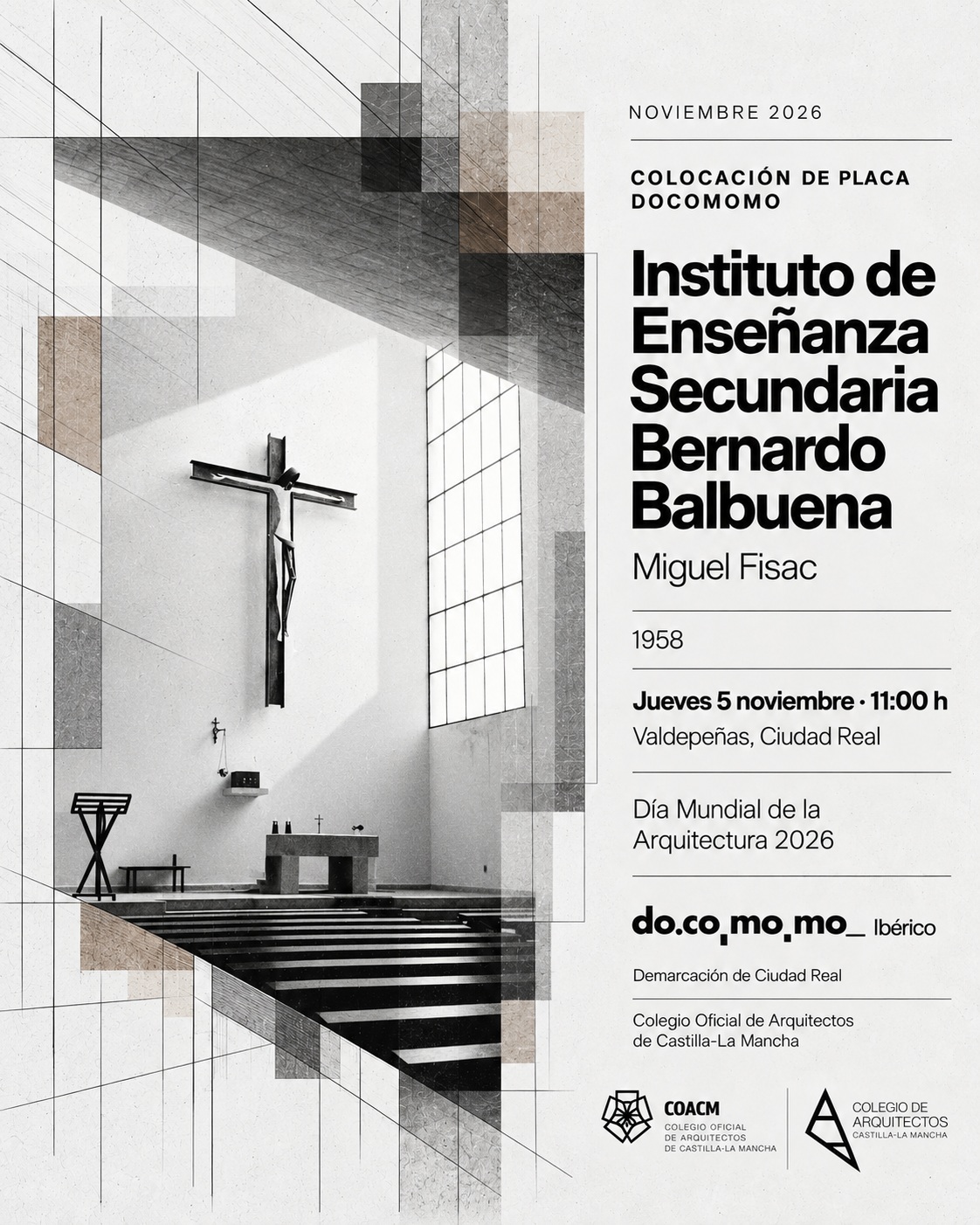𝗖𝗼𝗹𝗼𝗰𝗮𝗰𝗶𝗼́𝗻 𝗽𝗹𝗮𝗰𝗮 𝗗𝗢𝗖𝗢𝗠𝗢𝗠𝗢 | IES Bernardo de Balbuena 05-11-2026

El próximo jueves, 5 de noviembre, tendrá lugar la colocación de una nueva placa DOCOMOMO Ibérico, en esta ocasión en el @ies_bernardo_de_balbuena de Valdepeñas, un edificio proyectado por 𝗠𝗶𝗴𝘂𝗲𝗹 𝗙𝗶𝘀𝗮𝗰 en 1958 e inaugurado en 1964 como Instituto de Enseñanza Media.

📅 Jueves, 5 de noviembre | 🕚 11:00 h
📍 IES Bernardo de Balbuena, Valdepeñas (Ciudad Real)

Al igual que la anterior colocación de placa DOCOMOMO en el Colegio San José de Ciudad Real, esta iniciativa, enmarcada en nuestras actividades del 𝗗𝗶́𝗮 𝗠𝘂𝗻𝗱𝗶𝗮𝗹 𝗱𝗲 𝗹𝗮 𝗔𝗿𝗾𝘂𝗶𝘁𝗲𝗰𝘁𝘂𝗿𝗮, contribuirá a reconocer y difundir el valor de una obra destacada del patrimonio arquitectónico moderno de nuestra provincia.

🔎 Con una composición basada en la claridad geométrica y la disposición de volúmenes horizontales, el edificio destaca por su búsqueda de la luz natural, la transparencia y la fluidez de los espacios. Su diseño integra los espacios docentes con un completo programa de servicios: 32 aulas, iglesia, salón de actos, laboratorios, sala de dibujo, gimnasio y bar-comedor, entre otras dependencias.

👉 Descubre más sobre este edificio: https://docomomoiberico.com/edificios/instituto-de-ensenanza-media-en-valdepenas/